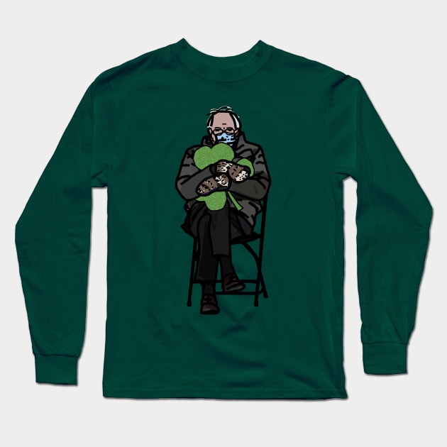 Bernie Sanders in Mittens Memes Holding Shamrock for St Patricks Day Long Sleeve T-Shirt by ellenhenryart